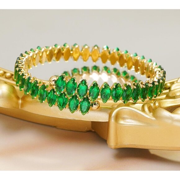 Gold Green Rhinestone Cuff Bracelet Cubic Zirconia Tennis Bracelets for Women - Picture 4 of 7